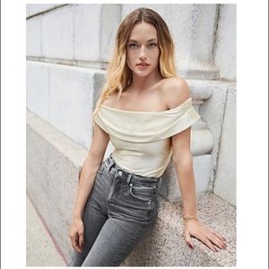 Express Satin Cream Off the Shoulder Bodysuit